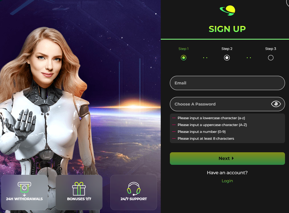 formulaire de création de compte sur Space Fortuna casino